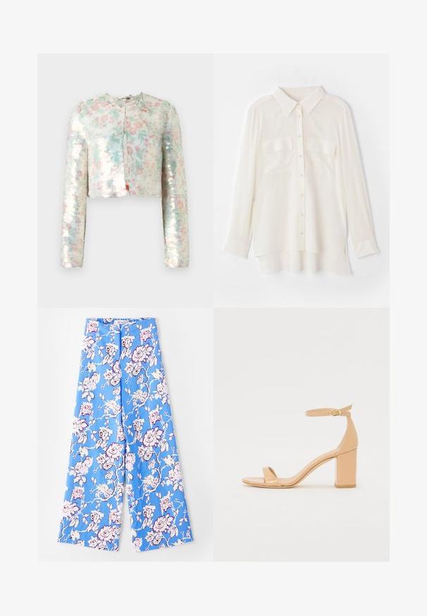 Lühike jakk pikkade varrukatega, millel on pastelltoonides lillemuster ja sädelevad helmed. Ümar kaelus, ees sulgemisdetail.; Valge nööbid üles särgid kergest kangast. Omab klassikalist kraed, kahte rinna-taskut ja veidi pikemat tagumist äärt.; Sinised lillelised püksid, millel on pastellroosade mustritega kaunistus. Kude on sile, lõige on mugav, laiad jalad ja elastne vöökoht.; Nahal tõmblukk nahast kontsaga sandaalid ruudukujulise varbaga, pahkluu rihmaga ja paksu blokknõelaga. Sile tekstuur ja minimaalsed disainidetailid.