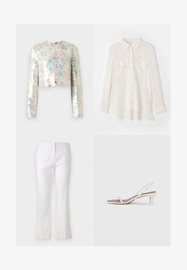 Veste courte à manches longues, ornée d'un motif floral aux couleurs pastel et de sequins scintillants. Col rond, détail de fermeture à l'avant.; Chemise blanche à boutons en tissu léger. Présente un col classique, deux poches poitrine et un ourlet arrière légèrement plus long.; Pantalons évasés blancs en tissu léger. Dotés d'un devant plat avec une fermeture éclair et d'une texture lisse. Design simple et épuré.; Sandales blanches à talon léger avec des fines lanières et une texture en cuir lisse ; elles sont dotées d'une petite boucle décorative.