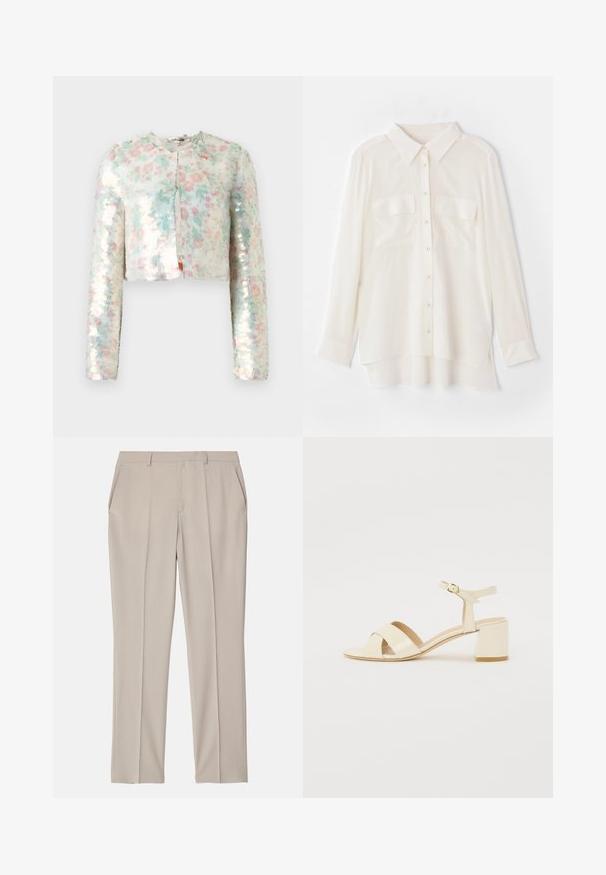 Korte jas met lange mouwen, voorzien van een bloemmotief in pastelkleuren en glinsterende pailletten. Ronde hals, detail van sluiting aan de voorkant.; Witte overhemd met knopen, gemaakt van lichtgewicht stof. Heeft een klassieke kraag, twee borstzakken en een iets langere achterkant.; Filippa K EMMA TROUSERS - Broek - desert tau; Beige gepolijst lederen sandalen met hakken, voorzien van een kruisbandontwerp, open teen, verstelbare enkelband en een blokhak. Gladde textuur.