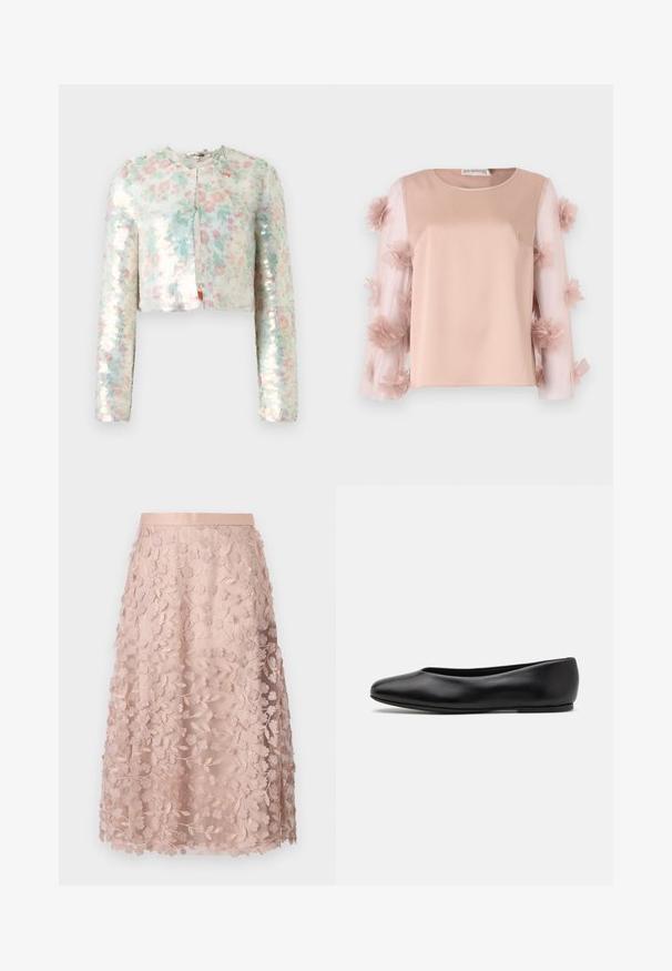 Lyhythihainen takki, jossa on pitkät hihat, kukkakuosi vaaleissa väreissä ja kiiltävät paljetit. Pyöreä pääntie, etuosa suljettuna.; Vaaleanpunainen paita, jossa on kiinteä satiininen vartalo. Läsnäolevat hihat ovat koristeltu ripotelluilla kangaskukilla, jotka tuovat rakennetta ja yksityiskohtia. Pyöreä kaula-aukko.; Pitkä pitsihame pehmeässä vaaleanpunaisessa sävyssä, jossa on kukkakirjontaa. Hameessa on tiukka vyötärö ja kerroksellinen muotoilu, mikä korostaa herkkää pintarakennetta.; Paul Smith TOPANGA - Ballerinat - black