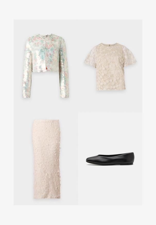 Cropped jacket with long sleeves, featuring a floral pattern in pastel colors and shimmering sequins. Round neck, front closure detail.; Beige blouse with floral embroidery, sheer puff sleeves, round neckline, and back zipper closure. Textured floral pattern on front panel.; Cream pencil skirt made of lace with floral appliqués. The design is fitted, featuring a smooth texture and detailed embellishments.; Paul Smith TOPANGA - Ballet pumps - black