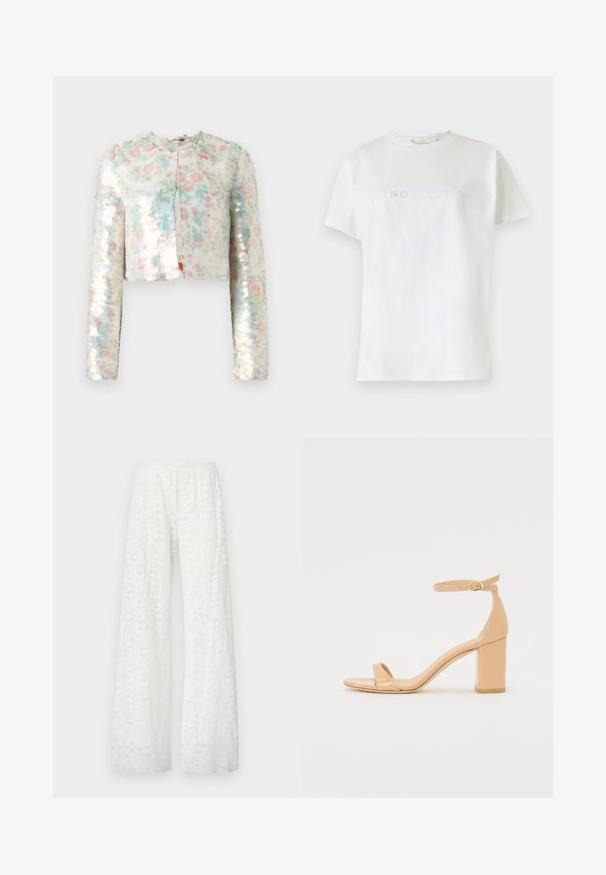 Korte jas met lange mouwen, voorzien van een bloemmotief in pastelkleuren en glinsterende pailletten. Ronde hals, detail van sluiting aan de voorkant.; Witte katoenen t-shirt met korte mouwen en ronde hals, met het woord "INTROSPECTIE" in lichtblauwe tekst over de borst.; Witte wijde broek met een elastische tailleband, voorzien van een textuur met een bloemig kantpatroon door de stof.; Nude patenten leren heeled sandalen met een vierkante neus, enkelbandje en een stevige blokhak. Gladde textuur en minimalistische ontwerpelementen.