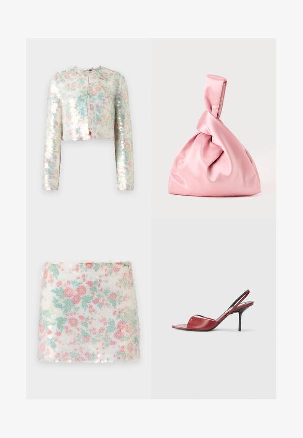 Kort jacka med långa ärmar, med ett blommönster i pastellfärger och skimrande paljetter. Rund hals, detaljer med framknäppning.; Vit linne i mjuk tyg. Har texten "SHADOWBANNED" i ljusgrått över bröstet. Enkel, ärmlös design.; Blommönstrad vit tyg med pastellrosa och gröna blommor, med en strukturerad yta och subtila paljetter längs nederkanten.; Röd läder slingback högklackad sandal med en spetsig öppen tå-design, tunn rem över foten och en smal stilettklack.; Rosa satinpåse med en knuten topp, med en mjuk yta och en mjuk, rund form. Utformad för att ge ett säkert, samlat utseende.; Hängande örhängen med tre stora fyrkantiga och rektangulära röda ädelstenar, omgivna av mindre klara rhinstenar i gyllene inställningar.