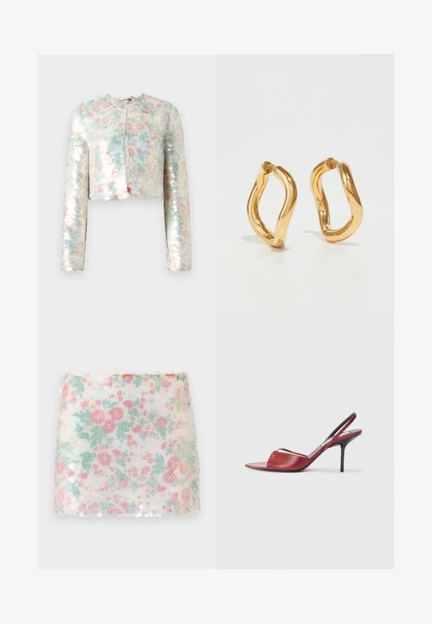 Trumpas švarkas su ilgomis rankovėmis, puošniu gėlių raštu pastelinių spalvų ir blizgančiais blizgučiais. Apvalus kaklas, priekinis užsegimo detalė.; Balta beisbolo marškinėliai pagaminti iš minkštos medžiagos. Priekyje ant krūtinės užrašas "SHADOWBANNED" šviesiai pilkos spalvos. Paprastas, be rankovių dizainas.; Gėlėmis raštuotas baltas audinys su pastelinių rožinių ir žalių gėlių motyvais, turintis faktūrinį paviršių ir subtilius blizgučius apatinėje kraštinėje.; Raudoni odiniai slingback aukštakulniai sandalai su smailiu atviru pirštu, plona juostele per pėdą ir siauru stiletu.; Auksinės spalvos lankinės auskarai su kreiviu, nereguliariu siluetu ir sklandžiu, blizgiu paviršiumi. Nėra matomų detalių ar akcentų.