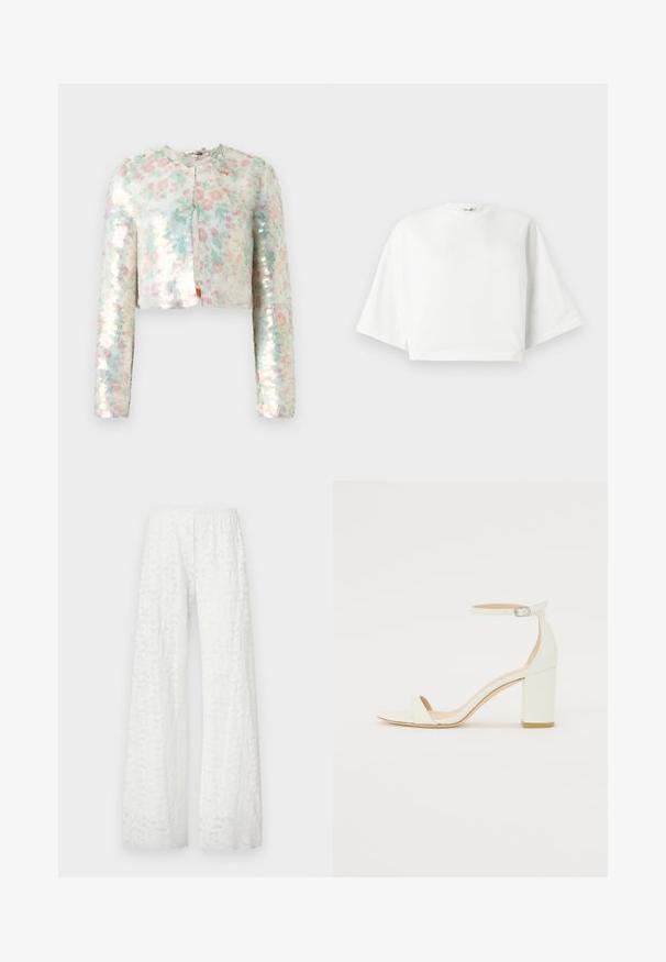 Trumpas švarkas su ilgomis rankovėmis, puošniu gėlių raštu pastelinių spalvų ir blizgančiais blizgučiais. Apvalus kaklas, priekinis užsegimo detalė.; Balta trumpa marškinėlių su laisvu siluetu, trumpos plačios rankovės, apvalus kaklas ir šoninės skeltos, pagaminta iš minkštos medvilnės medžiagos.; Baltos plačios kelnės su elastinga juosmeniu, kurių audinyje visame paviršiuje yra tekstūruotas gėlėtas nėrinių raštas.; Baltos odos blokinio kulno sandalai, su kulkšnies dirželiu ir sagtimi, minimalistinio dizaino. Atvira pirštų dalis ir sklandžios tekstūros visoje.
