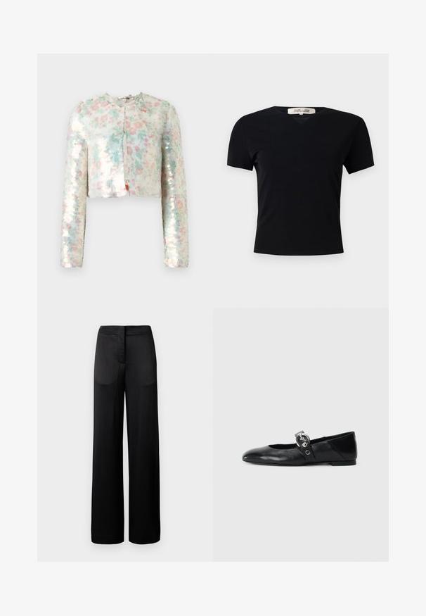 Cropped jacket with long sleeves, featuring a floral pattern in pastel colors and shimmering sequins. Round neck, front closure detail.; Black short-sleeve t-shirt with a V-neck design, made of a smooth, stretchy fabric. Features a simple, classic silhouette without embellishments.; Wide-leg black trousers with a textured surface, featuring a flat waistband and two side pockets. The fabric appears lightweight and flowing.; Black leather ballet flats with a pointed toe, featuring a strap with a circular metallic buckle and a flat sole.