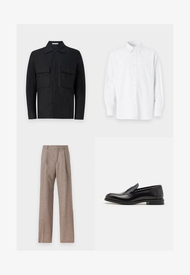 Schwarze Leinen-Button-up-Jacke mit Kragen, zwei vorderen Taschen und minimalistischem Design. Verfügt über ein dezentes Logo auf der linken Tasche.; Weißes Hemd mit Knöpfen und Kragen, das dezente vertikale Streifen aufweist, lange Ärmel, eine Brusttasche und einen klassischen abgerundeten Saum hat.; Braune, hochtaillierte Hose aus strukturiertem Stoff. Mit weitem Bein und zwei vorderen Bügelfalten für zusätzliche Form. Saubere Verarbeitung ohne sichtbare Hardware.; Schwarze Lederloafers mit glatter Textur, rundem Zehenbereich und einem dekorativen Riemen über dem Vorderfuß. Niedriger, gestapelter Absatz, minimalistisches Design.
