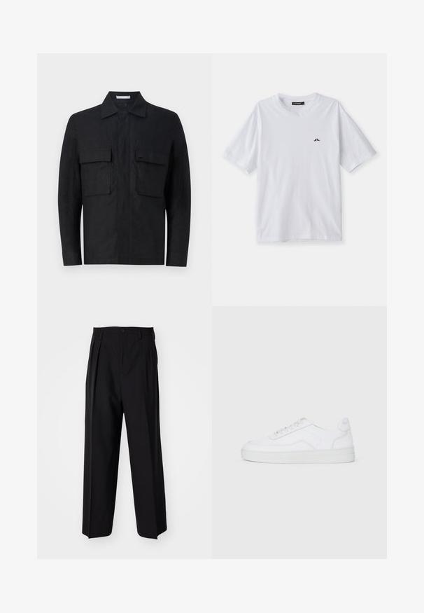 Sort linneknappjakke med krage, to frontlommer og minimalistisk design. Har en subtil logo på venstre lomme.; Hvit bomull T-skjorte med rund hals og korte ermer, med en liten svart logo på brystet. Glatt tekstur og avslappet passform.; Sorte plissert bukser med en rett, bred benform. Laget av glatt stoff, med knappelukking og beltehemper.; Hvit lav ankel sneaker med snøring, glatt overdel og gummisåle på en enkel lys bakgrunn.