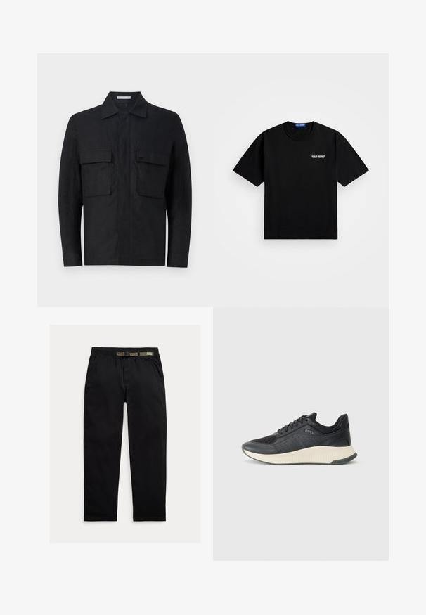 Črna lanena jakna s čistim oblikovanjem, gumbom in ovratnikom, ter dvema sprednjima žepoma. Na levem žepu je subtilen logotip.; Črna bombažna majica s krožnim izrezom in kratkimi rokavi. Na levi strani prsnega dela je belo logo "POLO SPORT". Standardna velikost.; Črne hlače iz lahkega blaga, z elastičnim pasom in vgrajenim zeleni pasom, ravne noge in stranskimi žepi.; Črne športne superge z mrežasto zgornjico z perforacijami, teksturiranim srednjim delom v kremni barvi in gumijastim podplatom za oprijem.