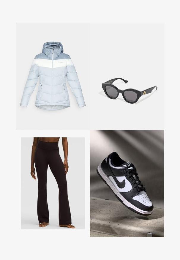 Šviesiai mėlynas pūkinis švarkas su baltu horizontaliu juostele, reguliuojama kapišonu, užtrauktuku užsegamomis kišenėmis ir tekstūruotu, siuvinėjimo raštu.; Juodas be rankovių trumpas viršus su giliu V formos iškirpimu, pagamintas iš glotnaus, elastingo audinio. Yra švarus kraštas ir jokių matomų raštų ar akcentų.; Juodi platūs jogos kelnės su aukštu juosmeniu, pagaminti iš tamprus medžiagos, pasižyminčios glotnia tekstūra ir prigludusia siluetu.; Juoda ir balta Nike Dunk Low sportbačiai su odiniu viršumi, perforuotu pirštų dėklu ir juodomis raištelėmis, turintys baltą padą ir logotipo akcentus.; Juodos saulės akinių su kampuota katės akies forma, turinčiais tamsius lęšius. Auksinis logotipo akcentas ant šventyklių. Lygus plastiko rėmas.