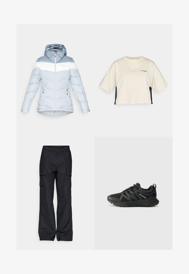 Svetlo modra pufasta jakna z belo horizontalno črto, nastavljiva kapa, žep z zadrgo in teksturiran, prešiten dizajn.; Kremna pokrajna majica kratkih rukava s okruglim izrezom i crnim bočnim panelima; sadrži mali crni logo na prsima.; Columbia BREA FALLS™ COTTON RIPSTOP PANT - Hlače za na prostem - black; Columbia PEAKFREAK - Pohodniški čevlji - black