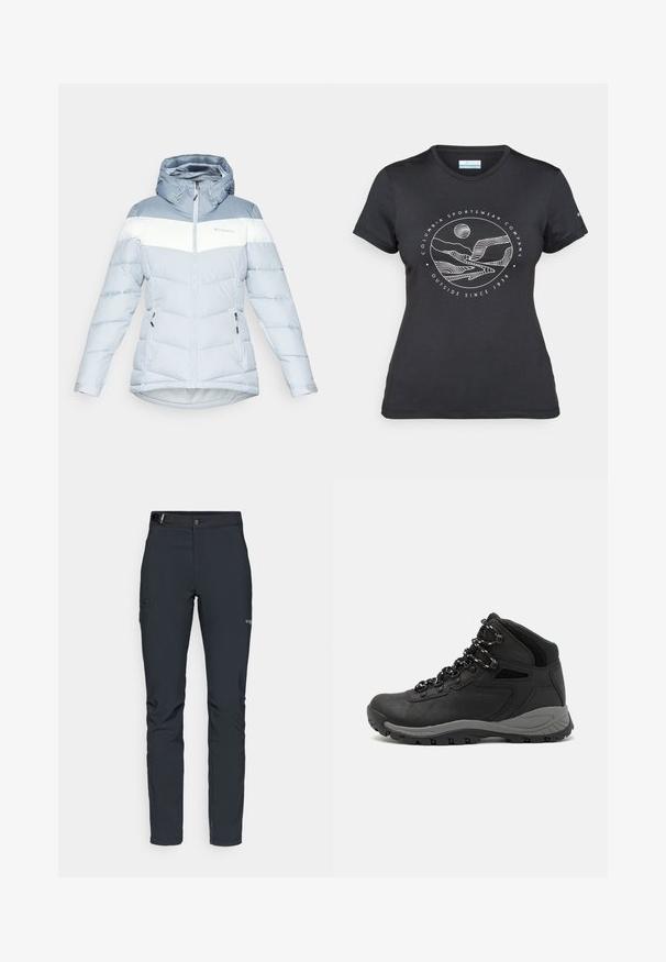 Šviesiai mėlynas pūkinis švarkas su baltu horizontaliu juostele, reguliuojama kapišonu, užtrauktuku užsegamomis kišenėmis ir tekstūruotu, siuvinėjimo raštu.; Juodas "Columbia" marškinėliai su balta apskrita kalnų ir upės linijų grafika bei tekstu "Columbia Sportswear Company Lauke nuo 1938 metų."; Vyrų lauko kelnės, tamsiai pilkos, pagamintos iš elastingos medžiagos, su diržu, užtrauktukais užtraukiamomis kišenėmis ir sustiprinta siūle.; Juodas žygio botas su vidutinio aukščio dizainu, pasižymintis tekstūruota viršutine dalimi, pilkų akcentų ir patvaria guma padanga su sukibimo gumbais.