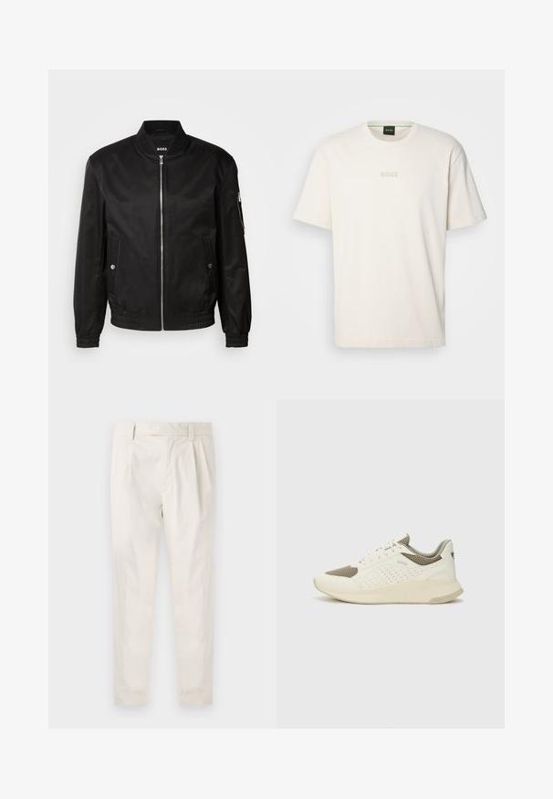 Jachetă bomber neagră din material neted, cu guler ribbat, fermoar pe față, buzunare laterale și manșete și tiv elastic.; BOSS TEE - Tricou basic - open white; Pantaloni albi plisati, cu o croială ajustată, având o textură netedă, bucle pentru curea și picioare conice. Fără buzunare vizibile sau modele.; Tenis sportivi alb și bej deschis, cu un înveliș din plasă, detalii perforate și o talpă intermediară texturată, având marcaj pe călcâi.