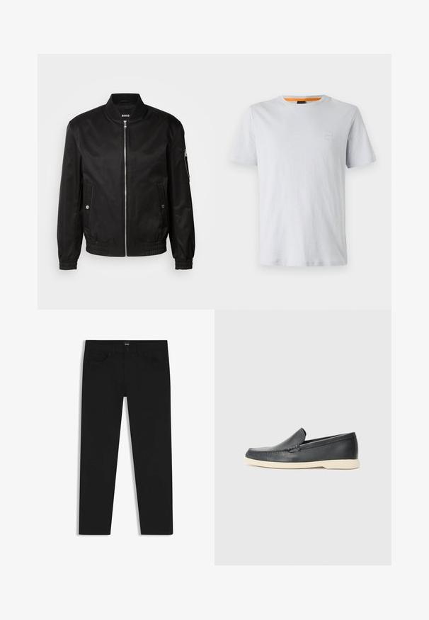 Giacca bomber nera realizzata in tessuto morbido, con colletto a costine, zip frontale, tasche laterali e polsini ed orlo elasticizzati.; T-shirt corto a maniche corte grigio chiaro in cotone, con una piccola toppa del logo sul petto e un accento arancione a contrasto sul collo.; Pantaloni in denim nero con taglio dritto, dotati di vita standard, cinque tasche e chiusura con bottone. Texture liscia su tutta la superficie.; Mocassini neri in pelle con finitura testurizzata e suola in gomma beige a contrasto. Presentano un accento sottile lungo la parte anteriore.