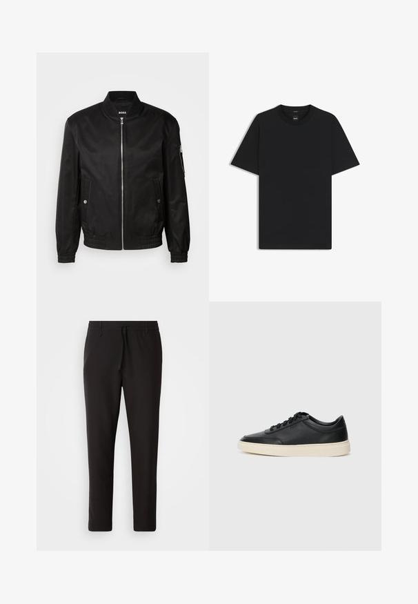 Zwarte bomberjack van gladde stof, voorzien van een ribbelkraag, een ritssluiting aan de voorkant, zijzakken en elastische manchetten en zoom.; Zwarte korte mouwen T-shirt van een gladde katoenmix, met een ronde halslijn en een minimalistisch ontwerp zonder patronen of accenten.; Zwarte joggingsbroek van gladde stof. Kenmerkt zich door een elastische tailleband met een trekkoord, taps toelopende benen en geen zichtbare zakken. Eenvoudig ontwerp.; Zwarte leren sneaker met lage schacht, zwarte veters en off-white zool, weergegeven in zijprofiel op een witte achtergrond.