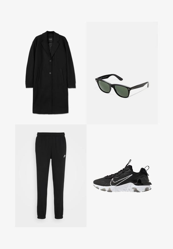 Casaco de lã preto com gola de bico, design de botão único, dois bolsos frontais e punhos com botão. Textura suave e ajuste sob medida.; Sweatshirt preto feito de tecido suave, apresentando um bolso canguru na frente, capuz com cordão, punhos canelados e um pequeno logótipo da Nike em branco no peito.; Calças de fato de treino pretas com um cinto elástico, pernas ajustadas e um pequeno logótipo da Nike em branco no lado esquerdo. Feitas de um tecido macio texturizado.; Sapatilha atlética preta com um cabedal de tecido texturizado, swoosh branco da Nike e sola branca espessa. Apresenta uma alça no calcanhar para facilitar o calçar.; Óculos de sol de plástico preto com lentes verdes, armações quadradas, detalhe prateado na sobrancelha e hastes texturizadas. Marca indicada na parte interna da haste.
