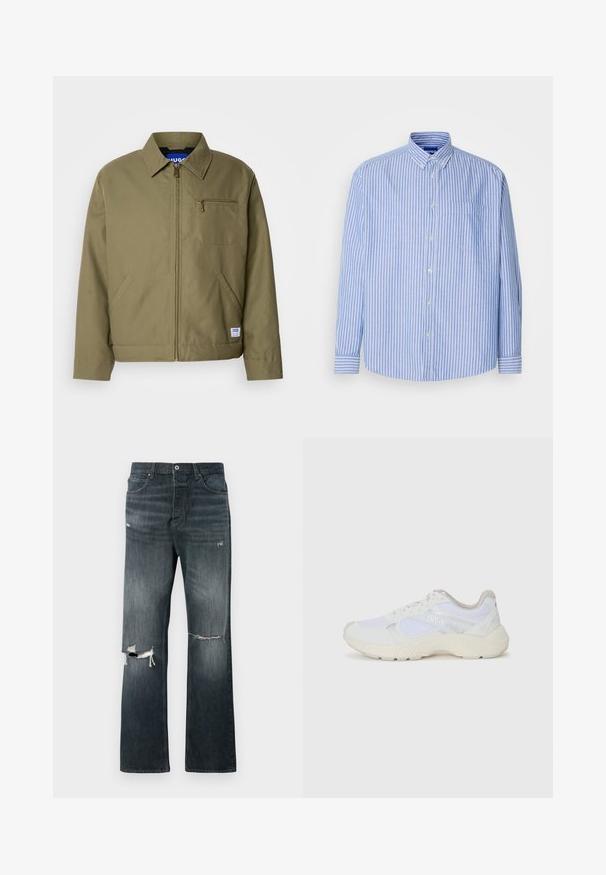 Oliven grøn jakke med lynlåslukning, spids krave, enkelt brystlomme, sidelommer og et blåt mærke på kanten.; Blå og hvid stribet skjorte med knapper, krave, enkelt brystlomme og lange ærmer, lavet af letvægtsstof.; Mørk vask denim jeans med en afslappet pasform, der har to slidte knærevner, en standard knaplukning og fem-lomme design.; Hvide sportssko lavet af mesh og ruskind, med en struktureret mellemsål, strukturerede detaljer og "HUGO"-logoet på siden.