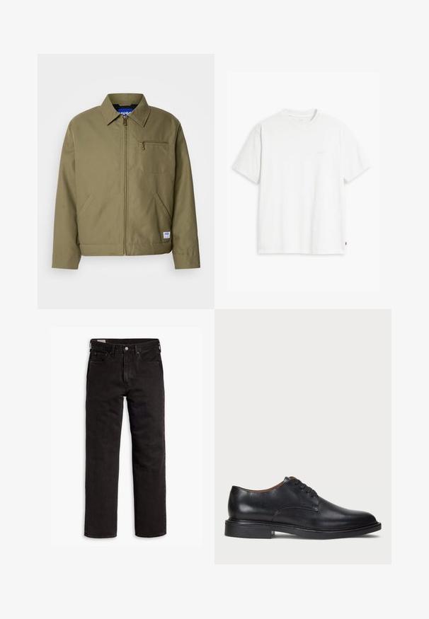 Olívazöld dzseki cipzárral, hegyes gallérral, egyetlen mellzsebbel, oldalsó zsebekkel és kék márkajelzéssel az alján.; Fehér pamut póló rövid ujjakkal, kerek nyakkal és diszkrét Levi's logóval a középen. Puha tapintású és szabványos szabású.; Fekete egyenes szárú farmernadrág öt zsebbel, gombos záródással és övhurkokkal, fehér háttéren elhelyezve.; Fekete bőrből készült dresszcipő kerek orral, fűzős kialakítással és alacsony, rétegelt sarkával. Simás felület minimális varrási részletekkel.