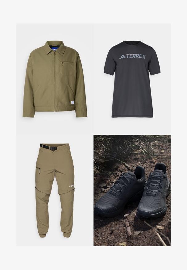 Olivengrønn jakke med glidelås, spiss krage, en brystlomme, sidelommer og et blått merke på kanten.; Svart t-skjorte med kort erm laget av lett stoff, med en lys grå "TERREX" logo på tvers av brystet og rund hals.; Kakhifargede friluftsbukser med justerbart svart belte, glidelåslommer, avsmalnende ermer og avtagbare underben for variert styling.; Svarte atletiske sko med en strukturert strikket overdel, forsterket tå og polstret såle, utstilt på jordaktig grunn med spredte kvister.