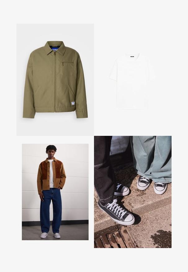 Giacca verde oliva con chiusura a zip, colletto a punta, taschino sul petto, tasche laterali e etichetta blu del marchio sull'orlo.; T-shirt bianco in cotone con maniche corte, scollatura tonda e linea dritta. Texture liscia senza motivi o dettagli visibili.; Giacca di velluto a coste marrone con toppe contrastanti marrone scuro, t-shirt bianca sotto, jeans di denim blu larghi e sneakers bianche.; Sneaker in tela nera basse con punte e lacci in gomma bianca, abbinate a pantaloni larghi in denim verde, su una superficie di pietra texturizzata.