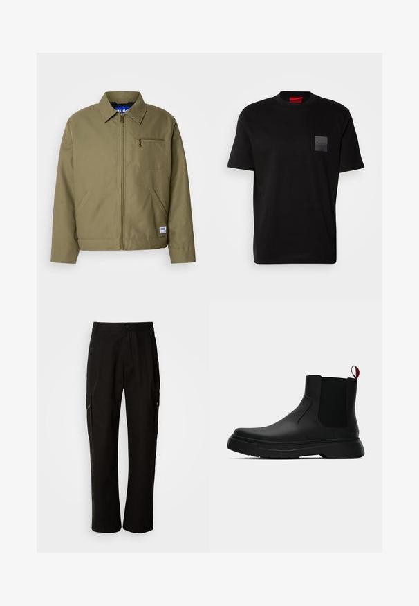 Olivgrüne Jacke mit einem Reißverschluss, spitzem Kragen, einer Brusttasche, Seitentaschen und einem blauen Markenetikett am Saum.; Schwarzes Baumwoll-T-Shirt mit Rundhalsausschnitt, versehen mit einem strukturierten schwarzen Patch mit Logo auf der linken Brust. Kurze Ärmel und entspannter Schnitt.; Schwarze Cargo-Hosen aus Baumwolle mit lockerem Schnitt, seitlichen Taschen, Knopfverschluss und geradem Bein. Einfaches Design ohne Muster.; Schwarze Knöchelstiefel mit glatter Oberfläche, elastischen Seitenpaneelen und einem kontrastierenden roten Zuglasche, ausgestattet mit einer dicken Gummisohle und einer runden Zehenpartie.