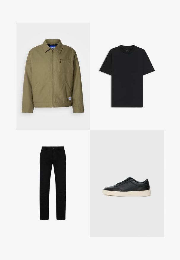 Olijfgroen jack met ritssluiting, spitse kraag, enkele borstzak, zijzakken en een blauw merklabel aan de zoom.; Zwarte korte mouwen T-shirt van een gladde katoenmix, met een ronde halslijn en een minimalistisch ontwerp zonder patronen of accenten.; Zwarte katoenen broek met een rechte pasvorm, voorzien van een knoopsluiting, riemlussen en een minimalistisch ontwerp. Glad van structuur, zonder patronen.; Zwarte leren sneaker met lage schacht, zwarte veters en off-white zool, weergegeven in zijprofiel op een witte achtergrond.