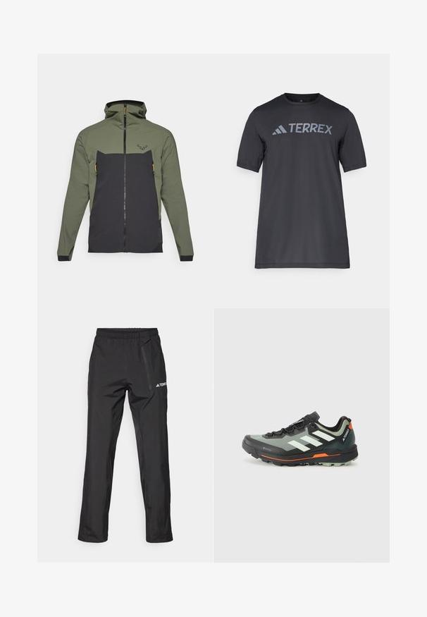 Hooded jacket featuring a green upper and black lower section, with zippered pockets and orange accents. Made of textured, durable material.; Black short-sleeve t-shirt made of lightweight fabric, featuring a light gray “TERREX” logo across the chest and a crew neckline.; Black waterproof trousers made of lightweight fabric, featuring an elastic waistband and side zipper pocket. Simple, tailored design.; Lightweight trail running shoe with a gray and black mesh upper, orange accents, and a rugged outsole for traction. Waterproof Gore-Tex lining.