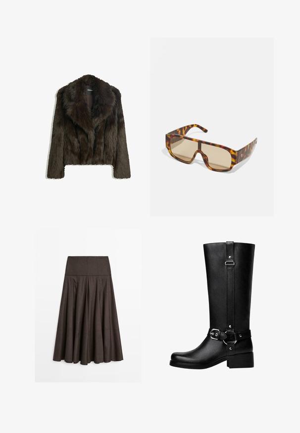 Hnědá umělá kožešinová bunda s šálovým límcem a zkráceným střihem. Má jemný, texturovaný povrch a je plně podšita.; Dlouhý rukáv košile v tmavě hnědé bavlně s kulatým výstřihem a jednoduchou, hladkou texturou. Žádné grafiky ani ozdoby nejsou přítomny.; Hnědá rozšířená sukně vyrobená z jemné látky. Má obepínající pas, sklady a hladkou, tekoucí texturu. Spodní okraj sahá do poloviny lýtek.; Vysoké černé boty z umělé kůže s kulatou špičkou, detailem s přezkou na pásku a širokým podpatkem. Hladký povrch a vertikální šev na holeně.; Sluneční brýle s robustním rámem v želvovinovém vzoru v odstínech hnědé a oranžové, s velkými hnědě zabarvenými čočkami a elegantním designem.