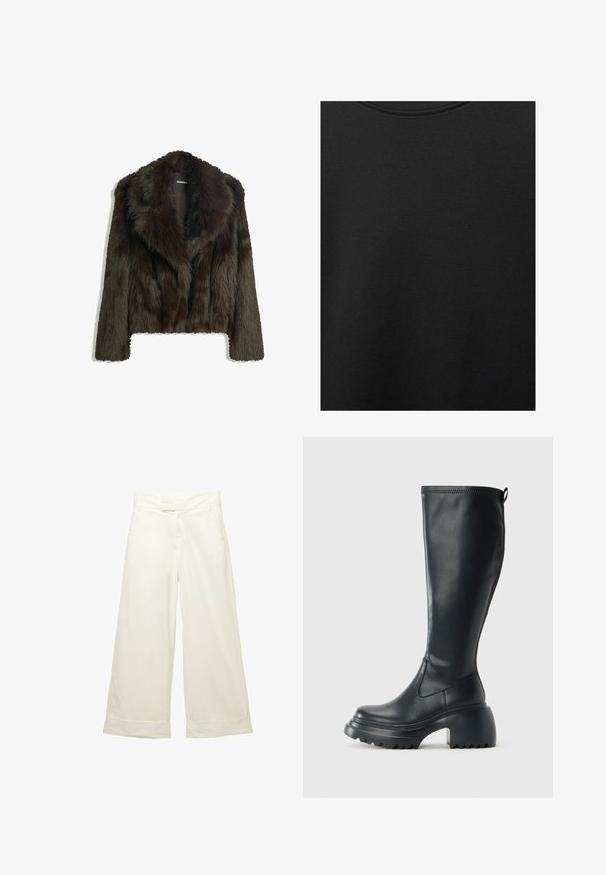 Barna műszőrme dzseki sálgallérral és rövidített fazonnal. Puha, textúrált felülettel rendelkezik, és teljes béléses.; Fekete pamut anyag sima textúrával és kerek nyakkivágással, finom, egyenletes szemcsés mintázattal. Nincsenek látható logók vagy díszítések.; Széles szárú nadrág puha, krém színű anyagból. Lapostermésű derékpánttal és felgöngyölt szárakkal rendelkezik. Simább textúrájú, letisztult, minimalista dizájnnal.; Magas fekete bőrcipő, vastag platform talppal és blokk sarokkal, húzófüllel és texturált profillal az outsole-on.