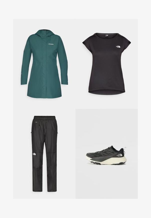 Berghaus OMEARA LONG SHELL - Soft shell striukė - peak; The North Face TANKEN TANK - Sportiniai marškinėliai trumpomis rankovėmis - black; Juodi nepralaidūs vandeniui kelnių, pagamintų iš lengvos medžiagos, su elastingu juosmeniu, šoninėmis kišenėmis ir logotipu kairiajame šone.; Juodas sportinis batas su tekstūruota viršutine dalimi, su pilkomis detalėmis ir baltu viduriu. Apima pakėlimo juostelę ir ryškų prekės ženklo logotipą ant kulno.