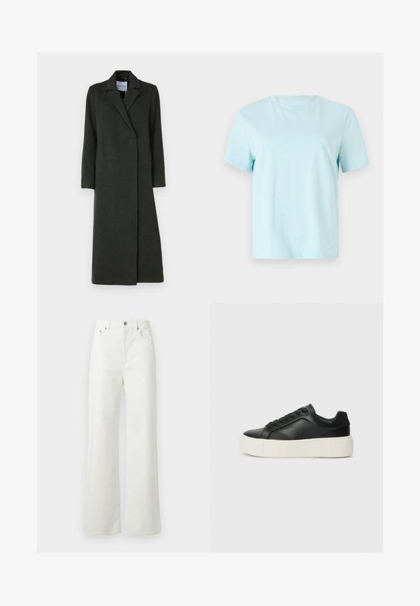 Garšs, tumši zaļš vilnas mētelis ar iegrieztu apkakli, vienslēdzēju dizainu un sānu kabatām; gluda tekstūra.; Gaiši zils kokvilnas T-krekls ar īsām piedurknēm, apaļu kakla izgriezumu un smalku izšūtu 'Calvin Klein' logo uz priekšpuses.; Samsøe Samsøe SHELLY - Brīva piegriezuma džinsi - clear cream; Melnas ādas kedas ar noapaļotu pirkstu, baltu platformas zoli un melnām auklām. Iespējams, satur diskrētu logo uz papēža un gludu tekstūru.