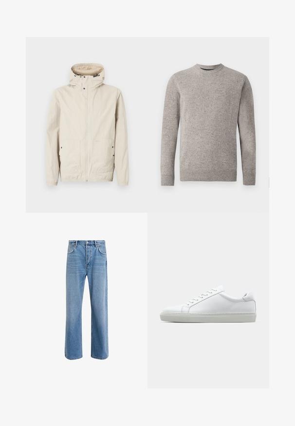 Světle béžová bunda s kapucí, předním zapínáním na zip a designem se dvěma kapsami. Vyrobena z texturované tkaniny. Obsahuje černé kovové doplňky.; Svetle šedý pletený svetr s kulatým výstřihem, dlouhými rukávy a žebrovanými manžetami a lemem. Texturovaný vzor s barevnými skvrnami.; Světle modré džínové kalhoty s rovnými nohavicemi, pěti kapsami, zapínáním na knoflík, minimálním vyblednutím a kontrastním prošitím.; Bílé tenisky s hladkým koženým svrškem a nízkým profilem. Mají zaoblenou špičku, šest nýtů a texturovanou gumovou podrážku.