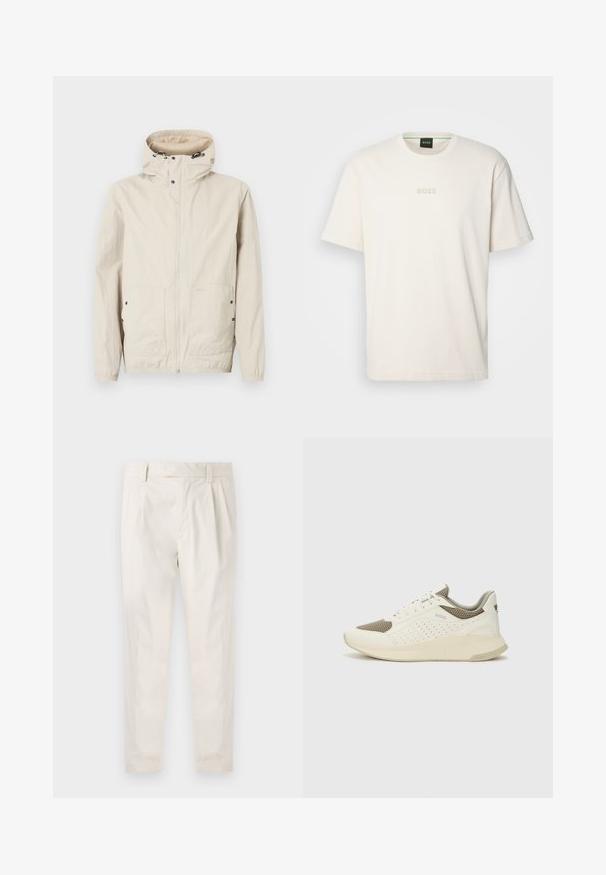 Helles beige Jackett mit Kapuze, Frontreißverschluss und zwei Taschen. Hergestellt aus einem strukturierten Stoff. Verfügt über schwarze Hardware-Details.; BOSS TEE - T-Shirt basic - open white; Weiße, plissierte Hose mit taillierten Schnitt, die eine glatte Textur, Gürtelschlaufen und schmal zulaufende Beine aufweist. Keine sichtbaren Taschen oder Muster.; Weiße und hellbeige Sport Sneakers, ausgestattet mit einem Obermaterial aus Netzgewebe, perforierten Details und einer strukturierten Zwischensohle mit Branding an der Ferse.