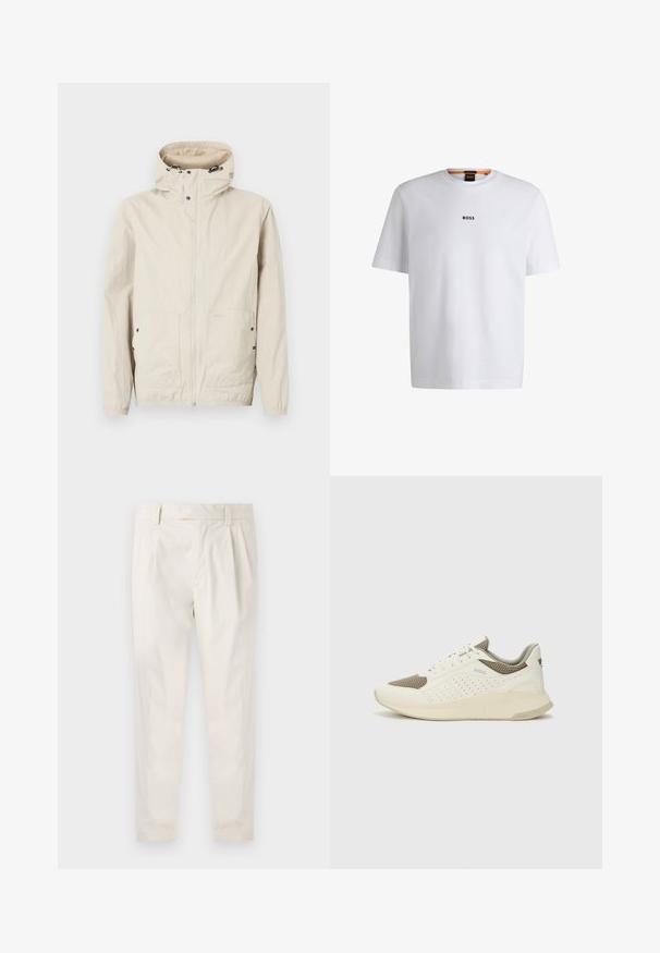 Világos bézs dzseki kapucnival, elöl cipzáras záródással és két zsebes kialakítással. Texturált anyagból készült. Fekete fém kiegészítők díszítik.; Fehér pamut póló rövid ujjakkal, középen fekete "BOSS" logóval a mellkason és kerek nyakú kialakítással.; Fehér, pliszírozott nadrág, testre szabott szabással, sima felülettel, övhurkokkal és karcsú lábszárral. Nincs látható zseb vagy minta.; Fehér és világos bézs sportcipő, légies hálós felsőrésszel, perforált részletekkel és texturált középtalppal, amelyen a saroknál a márka logója található.