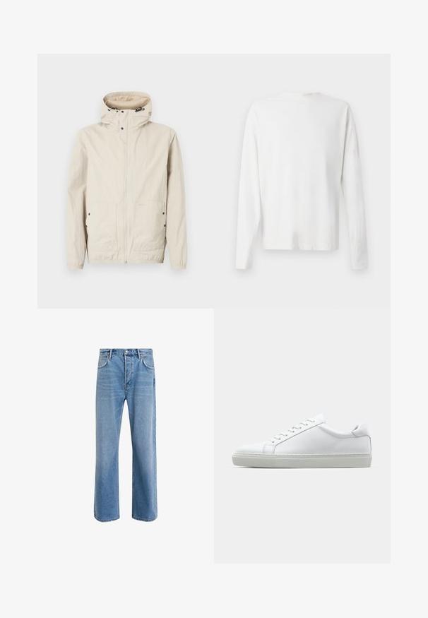 Lichtbeige jasje met capuchon, voorkant met ritssluiting en een ontwerp met twee zakken. Gemaakt van een gestructureerde stof. Voorzien van zwarte hardware details.; Witte katoenen blouse met lange mouwen en een ronde halslijn, met zijsplitten aan de onderkant en een gladde textuur, vanuit de achterkant weergegeven.; Lichtblauwe denim jeans met een straight-leg ontwerp, vijf zakken, knoopsluiting, minimale vervaging en contrasterende stikseldetails.; Witte sneaker met een gladlederen bovenwerk en een laag profiel. Voorzien van een ronde neus, zes vetergaatjes en een gestructureerde rubberen zool.