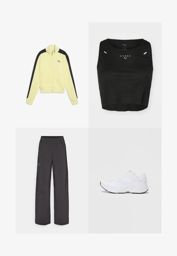 Sárga zipzáras dzseki fekete oldalirányú kiegészítőkkel, bordázott mandzsettákkal és egy kis fekete logóval a bal mellen. Két elülső cipzáras zsebbel rendelkezik.; Fekete, rövidített trikó, texturált anyagból készült, kerek nyakkivágással, fehér logóval és két kis fényvisszaverő részlettel a vállakon.; Fekete sportnadrág széles derékpánttal, oldalsó zsebekkel és sík varratokkal. A bal lábon található egy kis logó. Sima, rugalmas anyagból készült.; Fehér sportcipő, hálós felsőrésszel, párnázott nyakkal és mintás talppal. Az oldalon ezüst színű logóval és elegáns, modern dizájnnal rendelkezik.