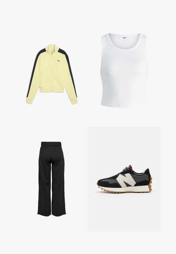 Yellow zip-up jacket with black side accents, ribbed cuffs, and a small black logo on the left chest. Features two front zip pockets.; White ribbed tank top featuring a round neckline, sleeveless design, and a cropped length. Label reads "JJXX." Smooth fabric texture.; Black, wide-leg pants with an elastic waistband, made from smooth fabric. Features a clean design with no pockets or visible stitching details.; Black and gray suede sneaker with a large cream-colored "N" logo, purple laces, and a textured gum rubber outsole.