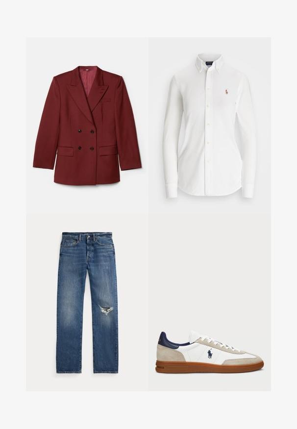 Blazer burdeos de corte cruzado fabricado en mezcla de lana. Presenta solapas en punta, dos bolsillos frontales y botones negros. Forrado con tela sólida.; Camisa blanca de manga larga con botones y collar punta, hecha de algodón. Presenta un pequeño logo bordado en el lado izquierdo del pecho.; Jeans de mezclilla azul con una cintura de altura media, cinco bolsillos y un desgarro deshilachado en la rodilla derecha.; Zapatillas blancas y beige con un upper de ante y cuero, acentos en azul marino y suela de goma marrón. Presentan un logo en el lateral y diseño con cordones.
