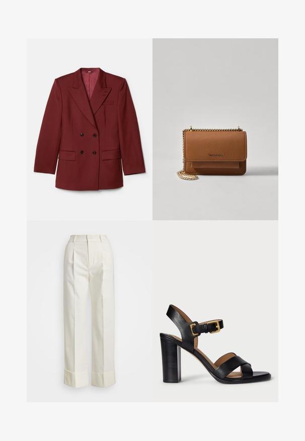 Kaksirivinen burgundinvärinen bleiseri, joka on valmistettu villasekoitteesta. Varusteena huipputeet, kaksi etutaskua ja mustat napit. Vuorattu yksivärisellä kankaalla.; Valkoinen hihaton villapaita, joka on valmistettu sileästä puuvillasta. Siinä on ribattu helma ja pieni tummansininen logo vasemmassa alakulmassa. Yksinkertainen muotoilu, ei kuvioita.; Valkoiset mittatilauspohjaiset housut, joissa on korkea vyötärö, kaksinkertaiset etukourut ja leveät lahkeet, joissa on käänteet. Valmistettu sileästä, teksturoidusta kankaasta.; Mustat nahkaiset korkokenkä-sandaalit, joissa on ristiin menevä hihnasuunnittelu ja solki. Ominaisuuksiin kuuluu paksu korko ja sileä pinta.; Ruskean teksturoidun nahkasta valmistettu crossbody-laukku, jossa on kultaketjuhihna ja läppäkiinnitys. Edessä on logodetail ja tasku läppäisen alla.