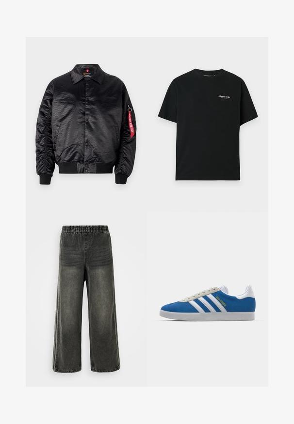Jachetă bomber neagră cu un finisaj satinat neted, având un model subtil cu logo, manșete ribbate și un eticheta din țesătură roșie pe mânecă.; Tricou din bumbac negru cu mâneci scurte, guler rotund și un mic logo alb pe partea stângă a pieptului. Textură netedă, croială lejeră.; Pantaloni din denim decolorat negri cu talie elastică și picioare largi, prezentând detalii subtile cu cusături verticale pe laterale.; adidas Originals ADIDAS GAZELLE SHOES - Ghete de fotbal de sală - real madrid/bluebird/footwear white/crew yellow