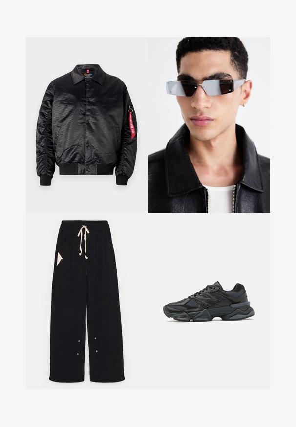 Černá bomber bunda se hladkým saténovým povrchem, která má jemný vzor loga, žebrované manžety a červenou textilní nášivku na rukávu.; Černé tričko s krátkým rukávem vyrobené z bavlny, s kulatým výstřihem a volným střihem. Hladká textura s minimálními švy.; Černé široké kalhoty vyrobené z měkké tkaniny, které mají stahovací pas, boční kapsy a trojúhelníkovou kapsu. Součástí jsou detaily ze stříbrného kovu.; Černá běžecká bota s kombinací síťoviny a syntetických materiálů, masivní podešev, zakřivený design a výrazné logo na boku.; Avenované sluneční brýle se šedým nádechem a stříbrnými doplňky, umístěné na světlém pozadí. Skla mají jedinečný geometrický tvar.