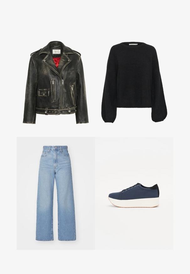 Melnā nolietotā ādas motocikla jaka ar sudraba detaļām, aprīkota ar vairākiem rāvējslēdzēja kabatām, jostu viduklim un sarkanu satīna oderi.; Gestuz ALPHA - Džemperis - black; Gaiši zili augstās jostas vidukļa platās bikses ar priekšējo pogu un rāvējslēdzēju, priekšējām un aizmugurējām kabatām uz baltā fona.; Navy zilo apavi ar strukturētu auduma augšdaļu, baltu platformas zoli, noapaļotu pirkstu daļu un melnu papēža akcentu. Iekļautas sešas acs caurumi šnuķēšanai.