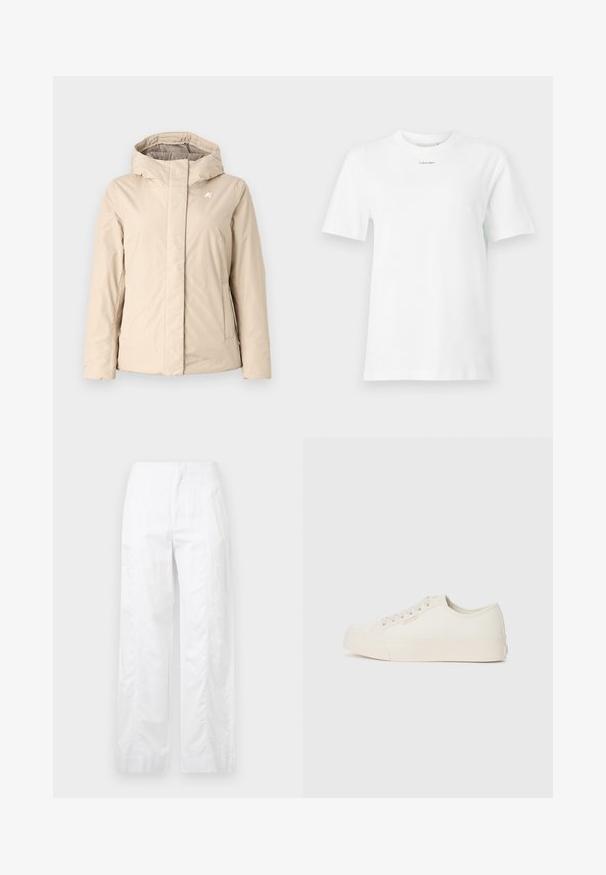 K-Way LIL SOFT TOUCH  - Giacca da mezza stagione - pink tint/grey; T-shirt bianco in cotone con colletto rotondo, maniche corte e un piccolo logo nero "Calvin Klein" sul petto. Design semplice, senza motivi.; Pantaloni bianchi a gamba larga realizzati in tessuto leggero, con una texture liscia, linee pulite e un design a vita alta.; Sneakers realizzati in tela bianca sporca, caratterizzati da un design a bassa altezza, punta rotonda e suola piatta in gomma con dettagli di cucitura discreti.