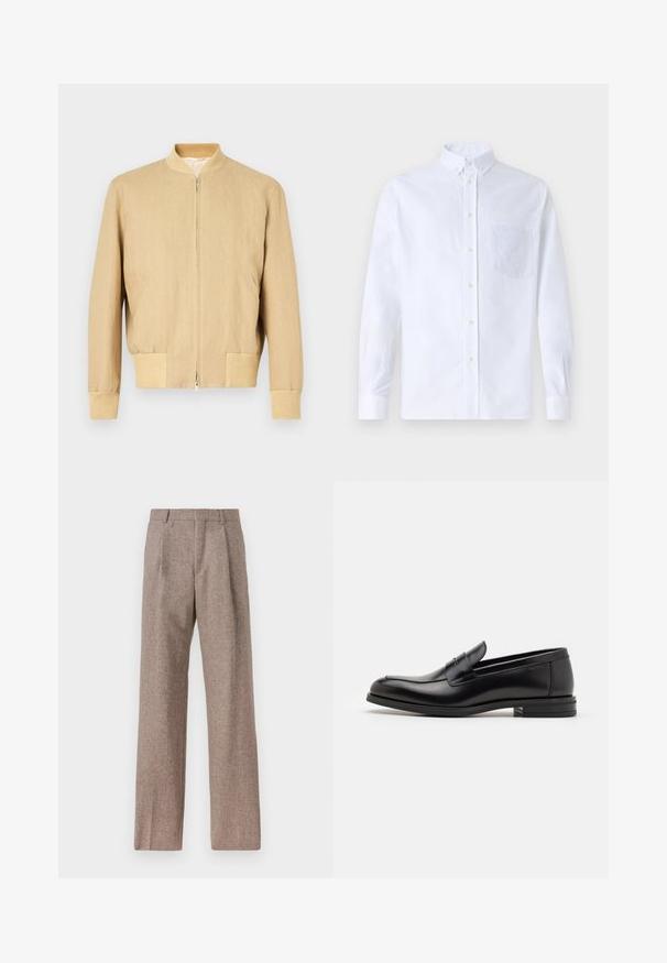 Beige bomberjack gemaakt van lichtgewicht stof, met ritssluiting, ribgebreide kraag, manchetten en twee zijzakken. Gladde textuur.; Witte lange mouwen overhemd van katoen, met een borstzak met tonale borduring, een kraag en knopenmanchetten.; Bruine, hooggewaisted broeken van een gestructureerde stof. Heeft wijde benen en twee voorplooien voor extra structuur. Net afgewerkt zonder zichtbare hardware.; Zwarte leren instappers met een gladde textuur, ronde neus en een decoratieve band over de wreef. Lage, gestapelde hak en minimalistisch ontwerp.
