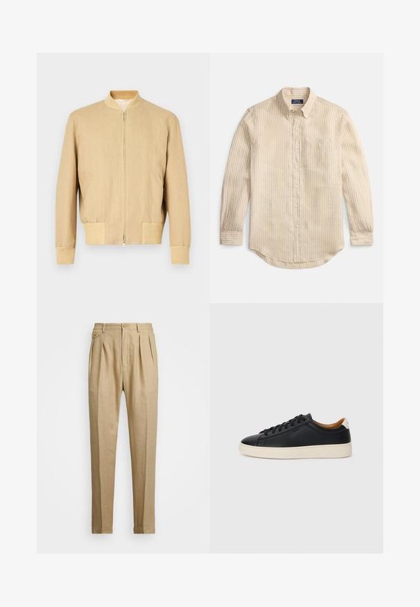 Beige bomber jacket made from lightweight fabric, featuring a zip closure, ribbed collar, cuffs, and two side pockets. Smooth texture.; Beige long-sleeve button-up shirt with white vertical stripes, button-down collar, chest pocket, and "Polo Ralph Lauren" label inside collar.; Beige linen trousers with a straight cut, featuring two front pleats, a button closure, and side pockets. Textured fabric with a smooth finish.; Black leather sneakers with a smooth texture, beige rubber sole, lace-up design, and a contrasting heel accent.