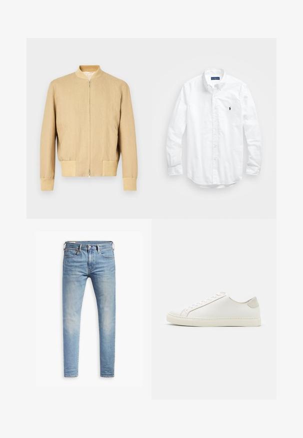 Beige Bomberjacke aus leichtem Stoff, mit einem Reißverschluss, geripptem Kragen, Bündchen und zwei seitlichen Taschen. Glatte Textur.; Weißes Langarm-Hemd aus Baumwolle mit Knopfleiste. Es zeichnet sich durch einen klassischen Kragen, Knopfmanschetten und ein kleines, navyblaues gesticktes Logo auf der Brust aus.; Hellblaue Slim-Fit-Jeans mit leichtem Verblassen an den Oberschenkeln, vorderem Knopfverschluss, Gürtelschlaufen und Fünf-Taschen-Stil auf einem weißen Hintergrund.; Weiße Leder Sneakers mit glatter Oberfläche, runder Zehenform und minimalistischem Design. Mit beigen Akzenten an der Ferse und einer Gummisohle.