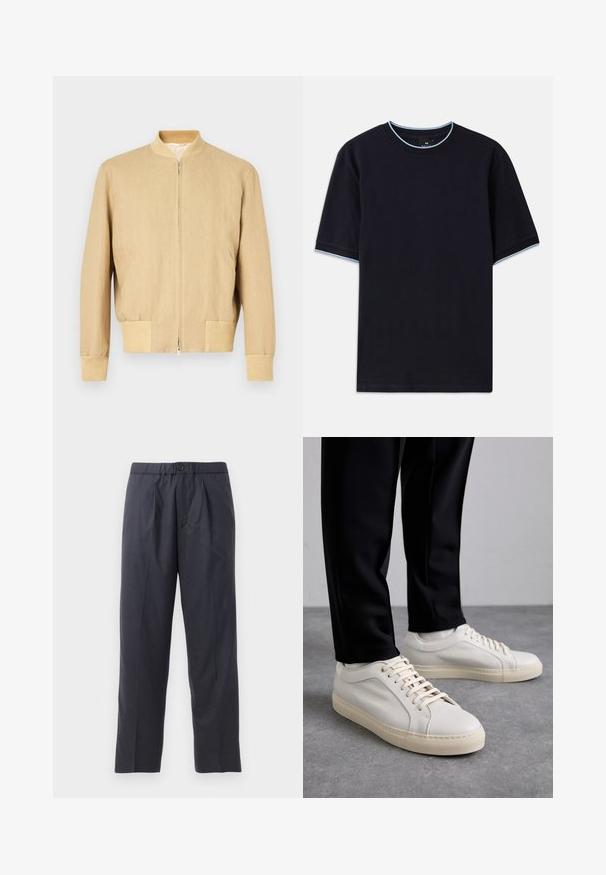 Bežs bomberis, kas izgatavots no viegla auduma, ar rāvējslēdzēja aizdari, ribota apkakle, aproces un divas sānu kabatas. Gluda tekstūra.; Tumši zils īsām piedurknēm T-krekls ar apaļu kakla izgriezumu, kura apkaklēs un piedurknēs ir gaismas zilas akcenti. Izgatavots no mīksta kokvilnas auduma.; Tumši tumši zili bikses, kas izgatavotas no mīksta auduma ar krokām priekšpusē un elastīgu jostasvietu. Iespējama pogas aizdare un taisna kāju griezums.; Gai beige ādas kedas ar plakaniem šņorēm, teksturētu virsmu un kontrastējošu krēmkrāsas gumijas zoli, apvienotas ar melniem pieguļošiem biksēm.