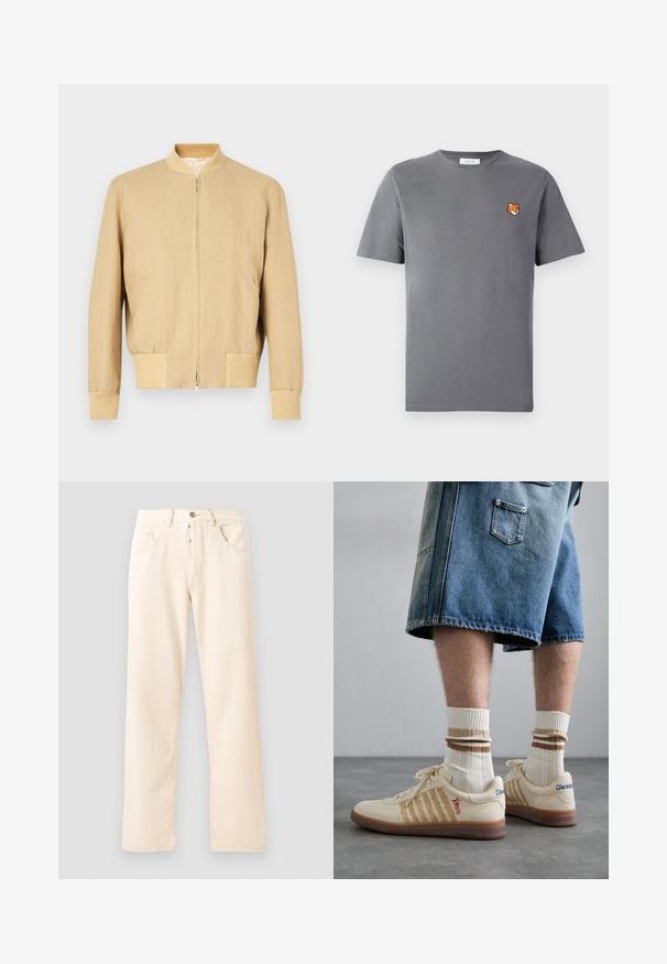 Beige bomber dzseki könnyű anyagból, cipzáras záródással, bordás gallérral, mandzsettával és két oldalsó zsebbel. Sima tapintású.; Szürke pamut póló, amelyen egy kis narancssárga róka fej hímzés található a bal mellen. Kerek nyakú, rövid ujjú és klasszikus fazonú.; Világos bézs farmernadrág egyenes szárú dizájnnal, öt zsebbel és elülső gombos zárással. A varrások láthatóak az illesztéseknél.; Bezs árnyalatú retro sportcipők barna gumitalppal, csíkos díszítéssel és hímzett logókkal. Fehér zoknikkal viselve, csíkos barna részletekkel.