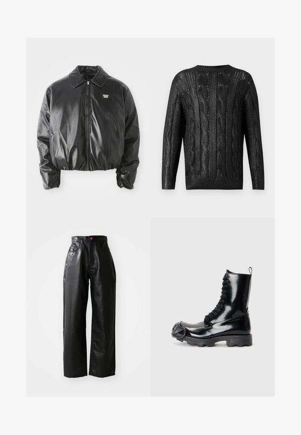 Schwarze Fake-Leder-Bomberjacke mit Frontreißverschluss, Logo-Patch auf der Brust, elastischem Saum und Bündchen sowie klassischem Kragen auf weißem Hintergrund.; Schwarzer, gestrickter Pullover mit Zopfmuster, langen Ärmeln und Rundhalsausschnitt, von hinten auf einem schlichten Hintergrund gezeigt.; Schwarzer Pullover mit langen Ärmeln aus weichem Stoff, runder Ausschnitt, lockere Passform und gerippte Bündchen. Minimalistisches Design, keine zusätzlichen Muster.; Schwarze Fake-Leder-Hosen mit weitem Bein und hoher Taille, sichtbaren Taschen und einem roten Knopfakzent, die eine glatte, glänzende Textur aufweisen.; Schwarze Lackleder-Kampfstiefel mit glänzender Oberfläche, Schnürdesign, dicke Gummisohle und markantem Front-Hardware-Detail.