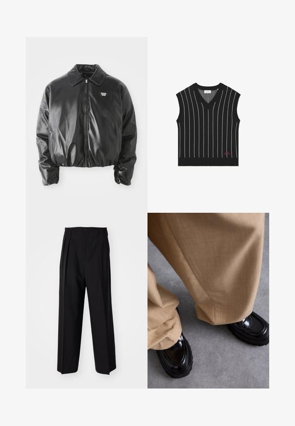 Giubbotto bomber in ecopelle nera con zip frontale, toppa del logo sul petto, orlo ed elastici alle maniche, e colletto classico su sfondo bianco.; Gilet nero senza maniche con righe bianche verticali, design a V, texture a coste e dettaglio del logo rosso sull'orlo inferiore.; Pantaloni neri a pieghe con un design dritto e gamba larga. Realizzati in tessuto morbido, con chiusura a bottone e passanti per cintura.; Pantaloni beige con una finitura testurizzata, abbinati a mocassini neri lucidi con suola spessa e cuciture a contrasto.